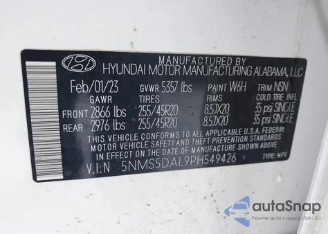 2023 Hyundai Santa Fe Calligraphy z USA, uszkodzony, nr VIN 5NMS5DAL9PH549426